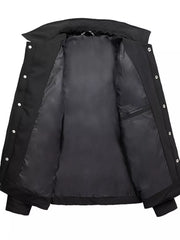 Black puffer jacket interior with satin lining and inner pocket.
