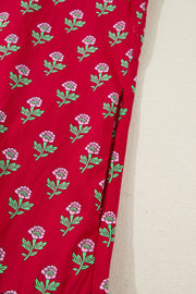 Red cotton mini dress with pink floral print and side slit