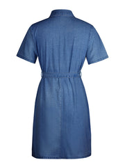 Denim mini dress in light blue with short sleeves, collared neckline, and belted waist.