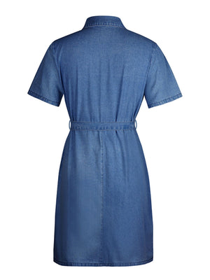 Denim mini dress in light blue with short sleeves, collared neckline, and belted waist.