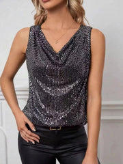 Black sequin tank top with cowl neckline and sleeveless cut.
