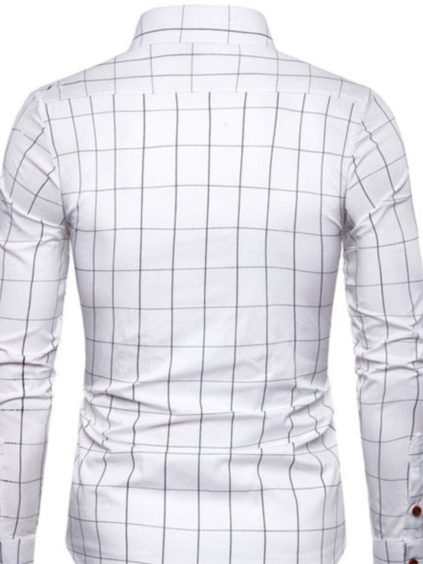 Men's white long-sleeve button-up shirt with a black grid plaid pattern.