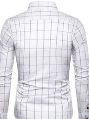 Men's white long-sleeve button-up shirt with a black grid plaid pattern.