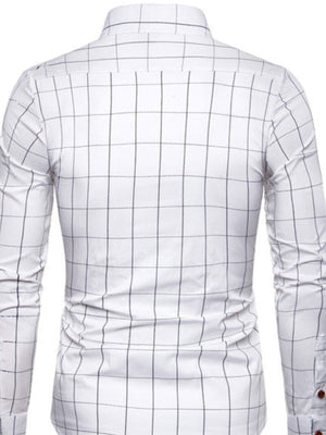 Men's white long-sleeve button-up shirt with a black grid plaid pattern.