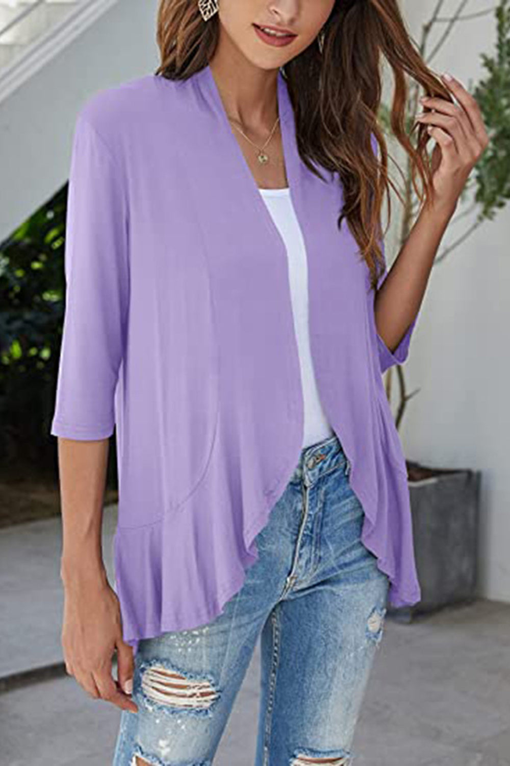 Lavender cardigan with asymmetrical ruffle hem and 3/4 sleeves