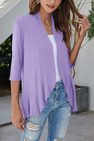 Lavender cardigan with asymmetrical ruffle hem and 3/4 sleeves