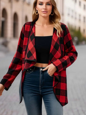 Red and black plaid drape front jacket with open front and long sleeves.