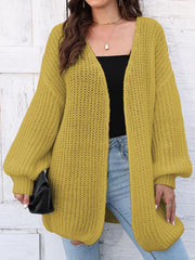 Chartreuse balloon sleeve open knit cardigan with a relaxed fit.