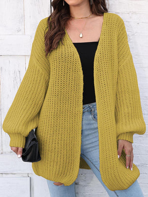 Chartreuse balloon sleeve open knit cardigan with a relaxed fit.