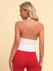 White ribbed knit halter crop top with zip front detail