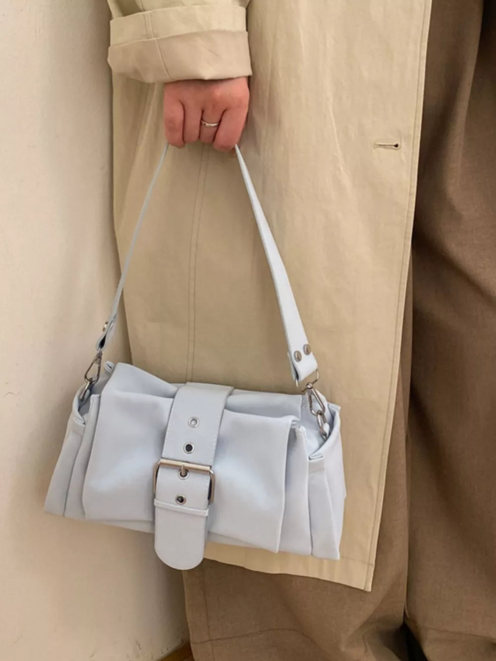 Buckle Detail Crossbody Bag in Blue, model styling view