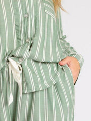 Sage striped pajama set with collared neckline and contrast trim detail