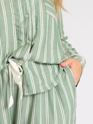 Sage striped pajama set with collared neckline and contrast trim detail
