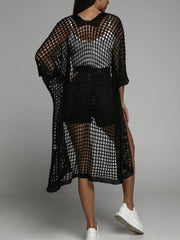 Black open-knit duster cardigan with V-neck and short sleeves, acrylic material.