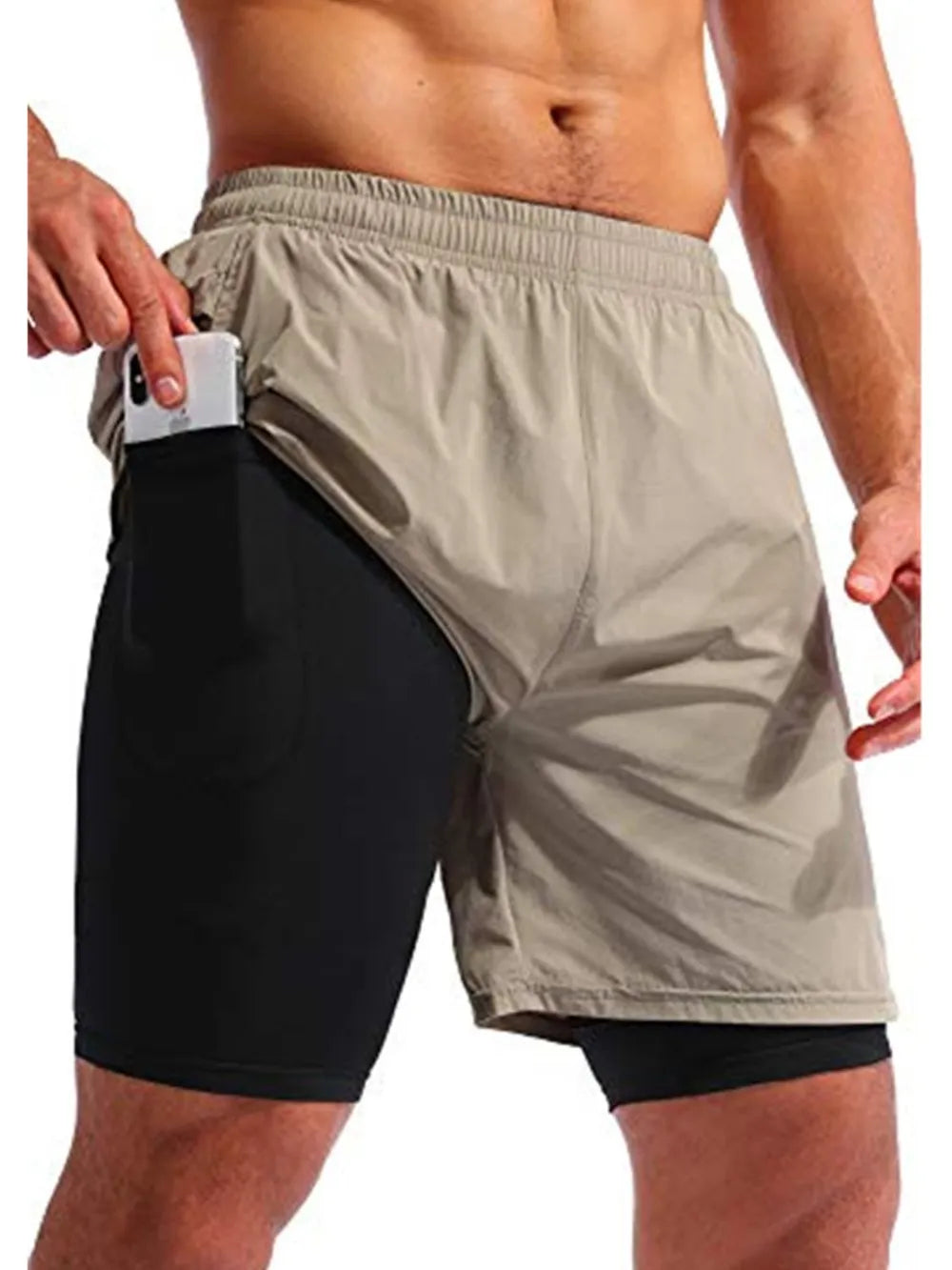 Dual-layer training shorts in Khaki with black compression liner, featuring a phone pocket.