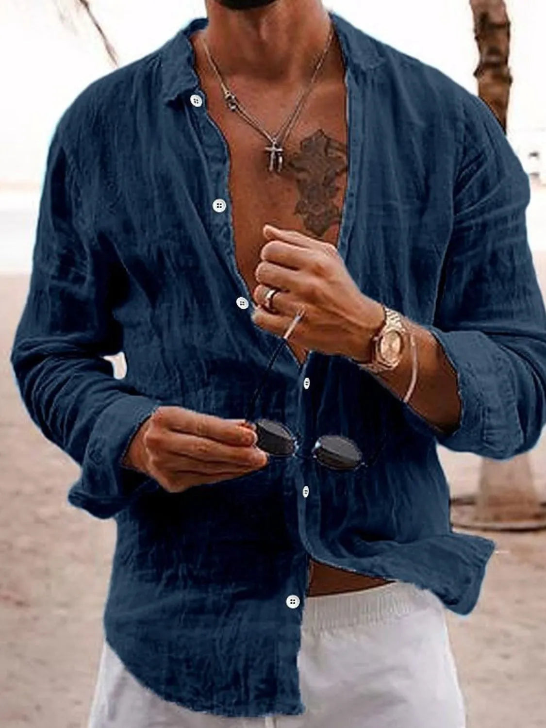 Relaxed fit linen shirt in Peacock Blue with button-front and collar.
