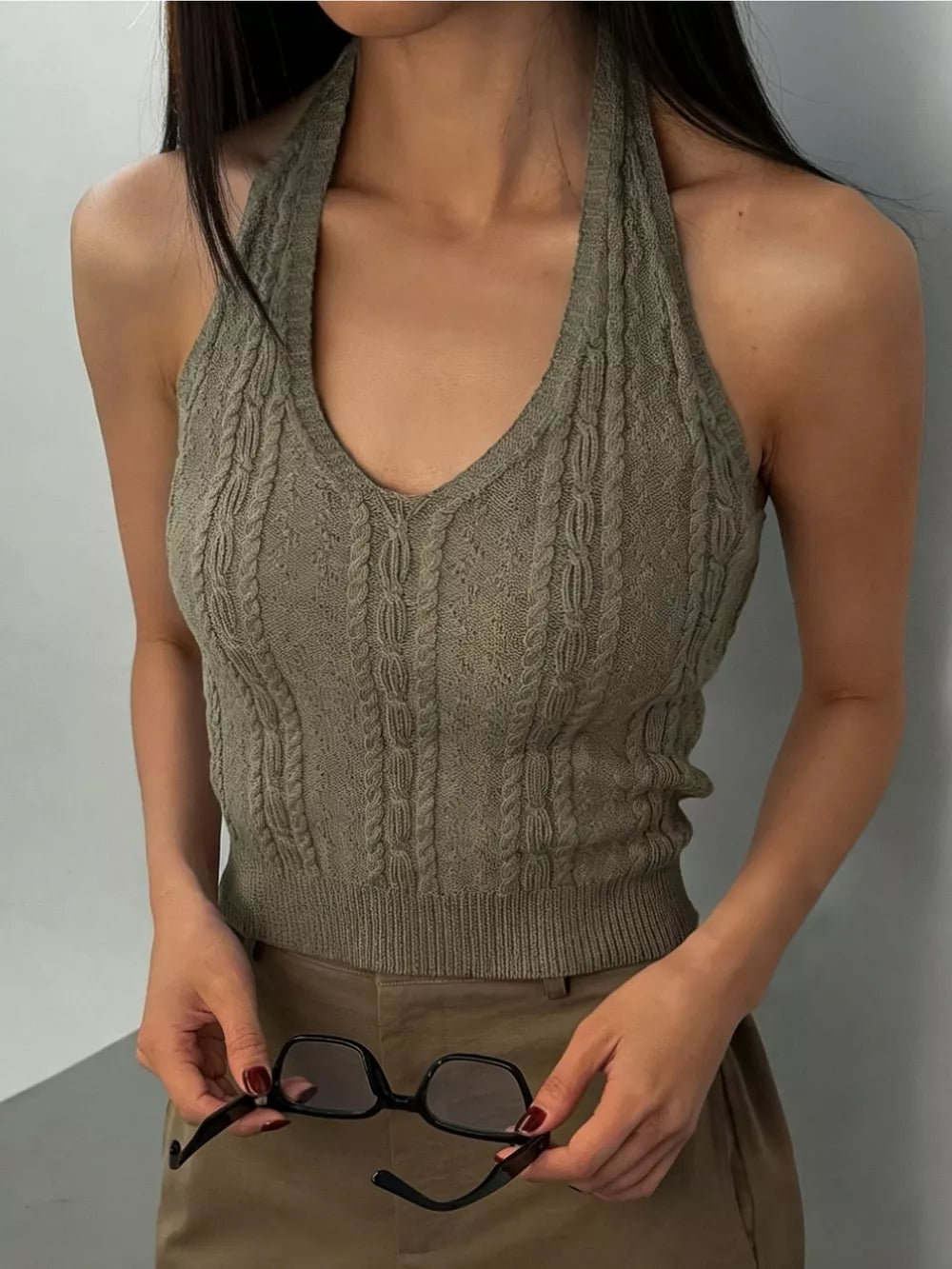 sage green halter top with cable knit and halter