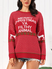 Red Christmas sweater with white polka dots, reindeer, and "Merry Christmas Ya Filthy Animal" text.