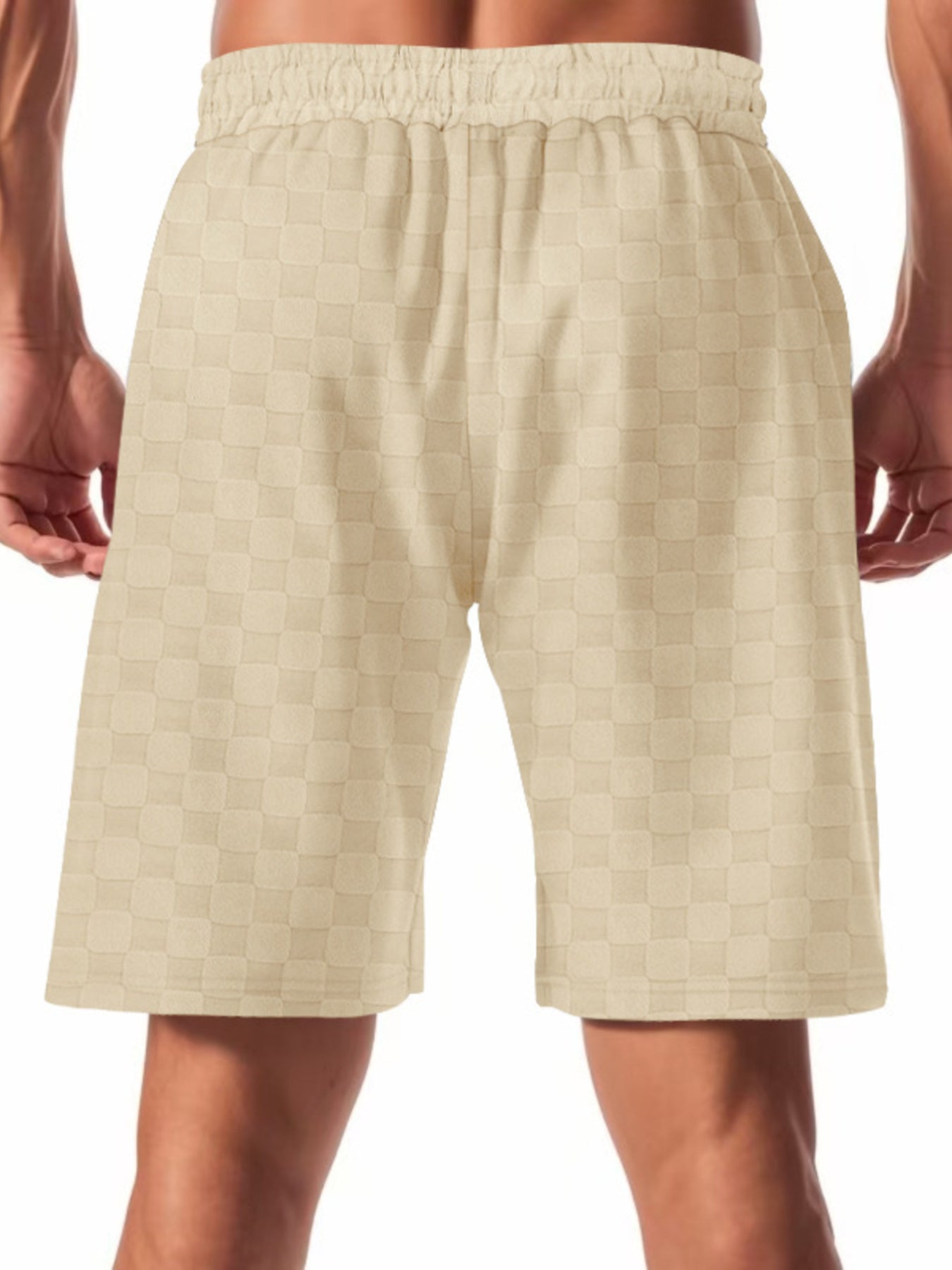 Men's beige checkered drawstring chino shorts with elastic waistband.