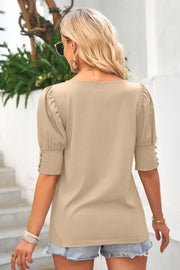 Khaki puffed sleeve top with button cuff detail