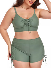 Plus size Army Green adjustable drawstring bikini set with ruched shorts.