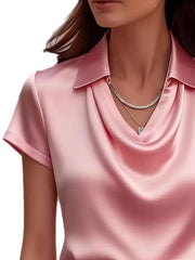 Pink satin maternity shirt with cowl neck and short sleeves