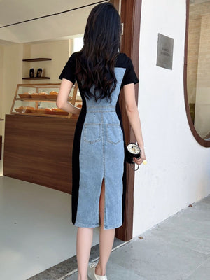 Denim patchwork short-sleeve dress in sky blue and dark blue with button details and a slit hem.