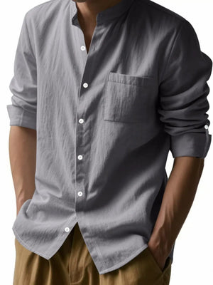 Gray linen relaxed fit shirt with mandarin collar and chest pocket.