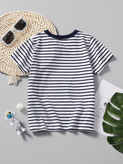 Toddler t-shirt with navy and white horizontal stripes, crew neck, short sleeves, cotton.