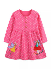 Strawberry polka dot long sleeve baby dress with fairy embroidery and button front.