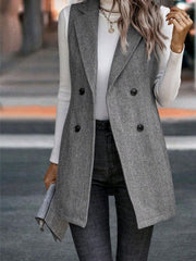 Herringbone tailored vest in dark gray, double-breasted with a collared neckline.