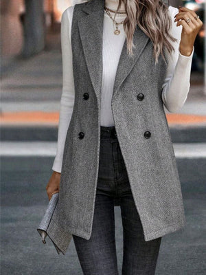 Herringbone tailored vest in dark gray, double-breasted with a collared neckline.