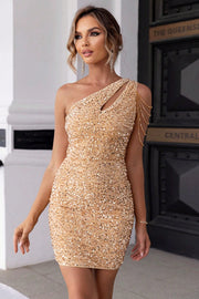 Gold sequined one-shoulder mini dress with chain detail and cut-out neckline.