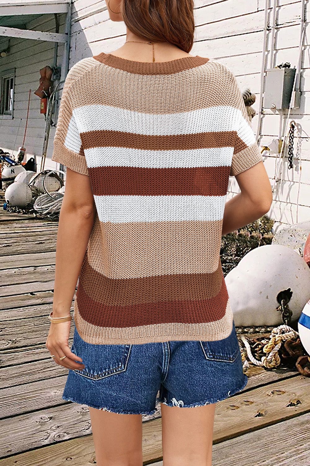Coastal Stripe Knit Tee with brown, tan, and white horizontal stripes.