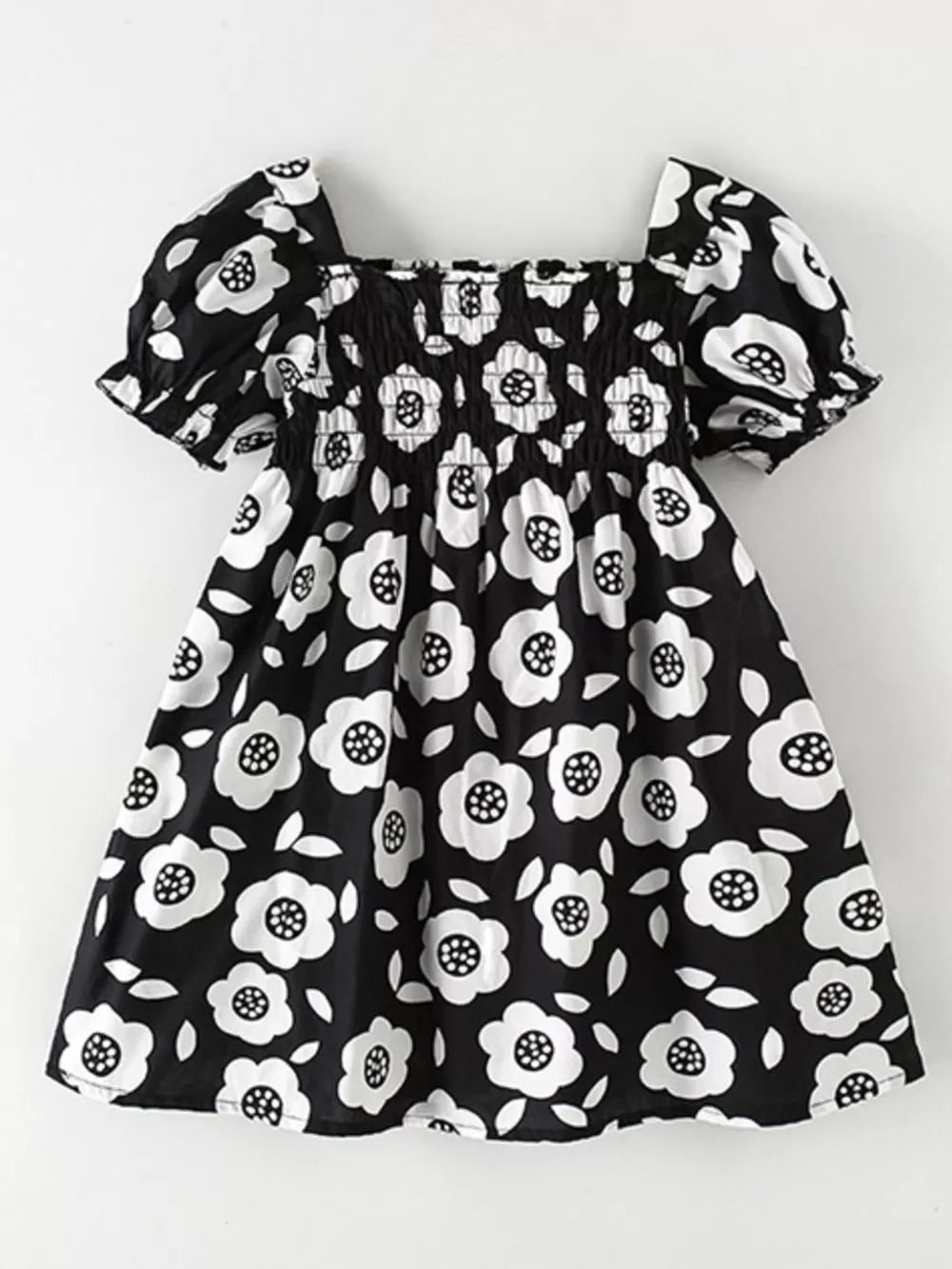 Children's Floral Print Square Neck Puff Sleeve Dress, side view