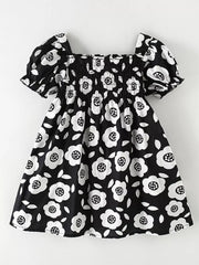 Children's Floral Print Square Neck Puff Sleeve Dress, side view