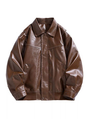 Oversized coffee leather bomber jacket with zip-up front and collar.