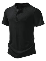 Men's black ribbed short sleeve henley t-shirt with button placket.