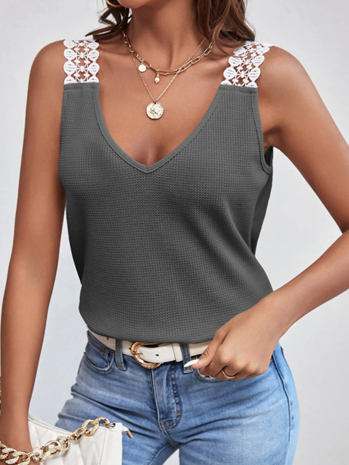 Dark Gray waffle knit tank top with white lace shoulder straps and V-neck.