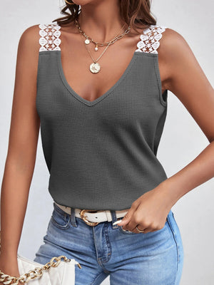 Dark Gray waffle knit tank top with white lace shoulder straps and V-neck.