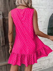 Charming Heart Print Ruffle Mini Dress in hot pink with white hearts, sleeveless, crew neck, and ruffled hem.