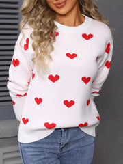 White knit sweater with red heart pattern, crew neck, long sleeves, casual fit