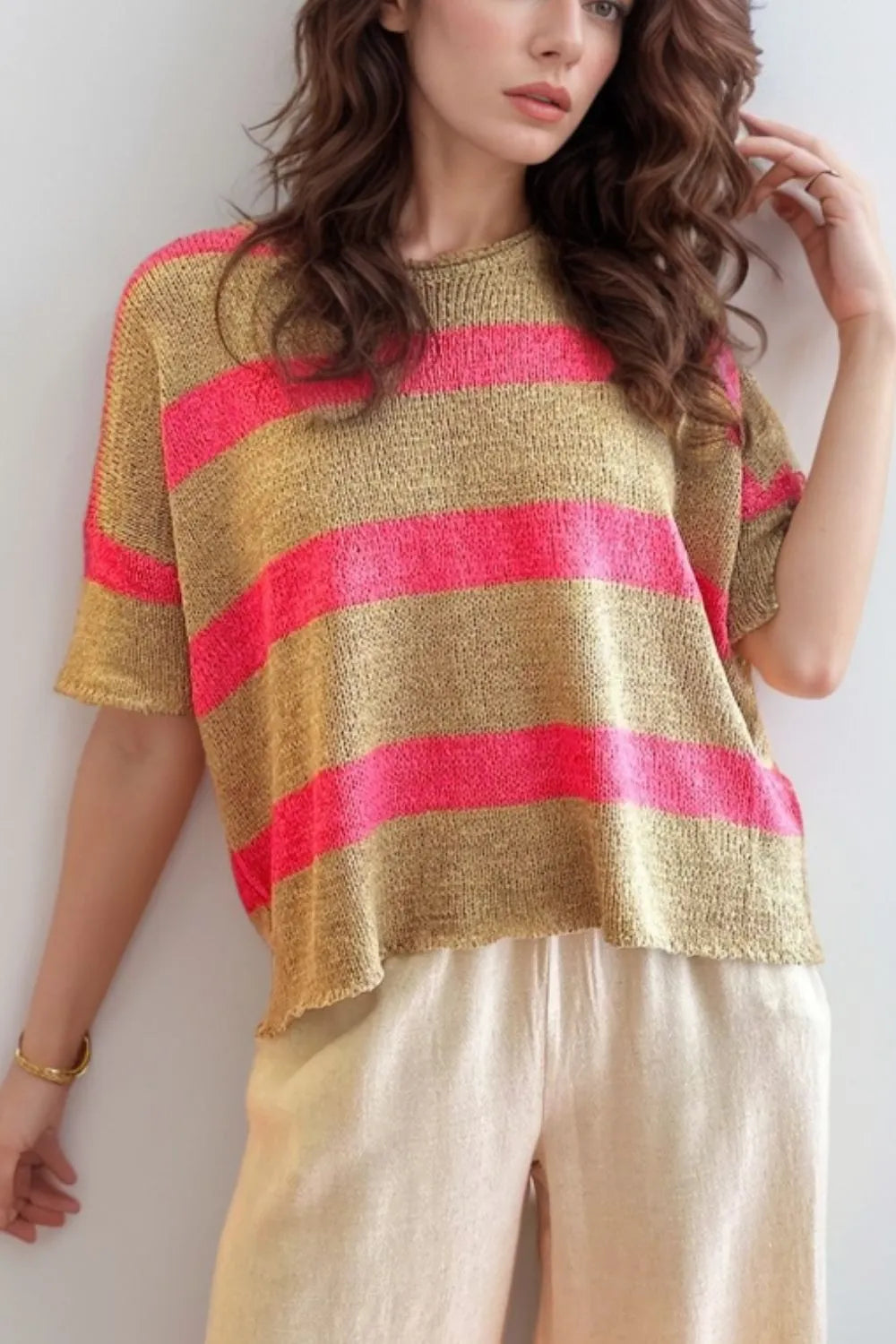 Metallic stripe boxy t-shirt with pink stripes and a relaxed fit.