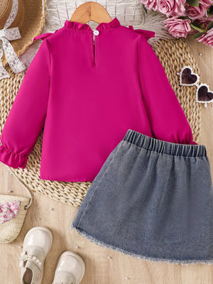 Children's Ruffled Mesh Top And Denim Skirt Set in Rose Red, fabric detail