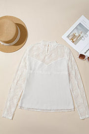 Lace Mesh Long Sleeve Top in White, fabric detail