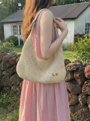 Woven Casual Beach Shoulder Bag in Ivory, model styling view