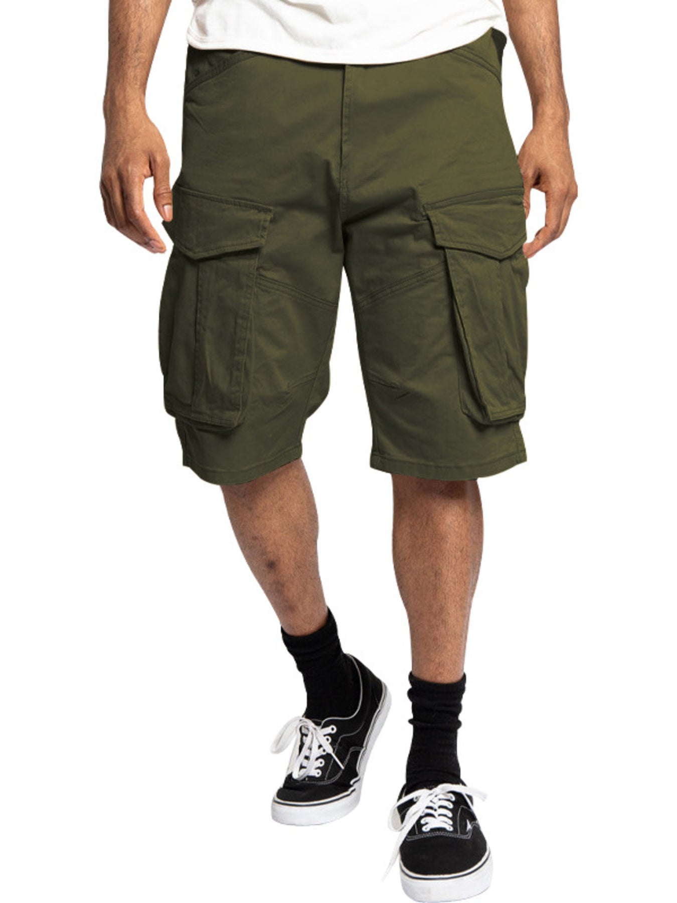 Army green cargo shorts with multiple pockets and a relaxed fit.