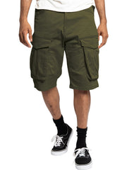 Army green cargo shorts with multiple pockets and a relaxed fit.