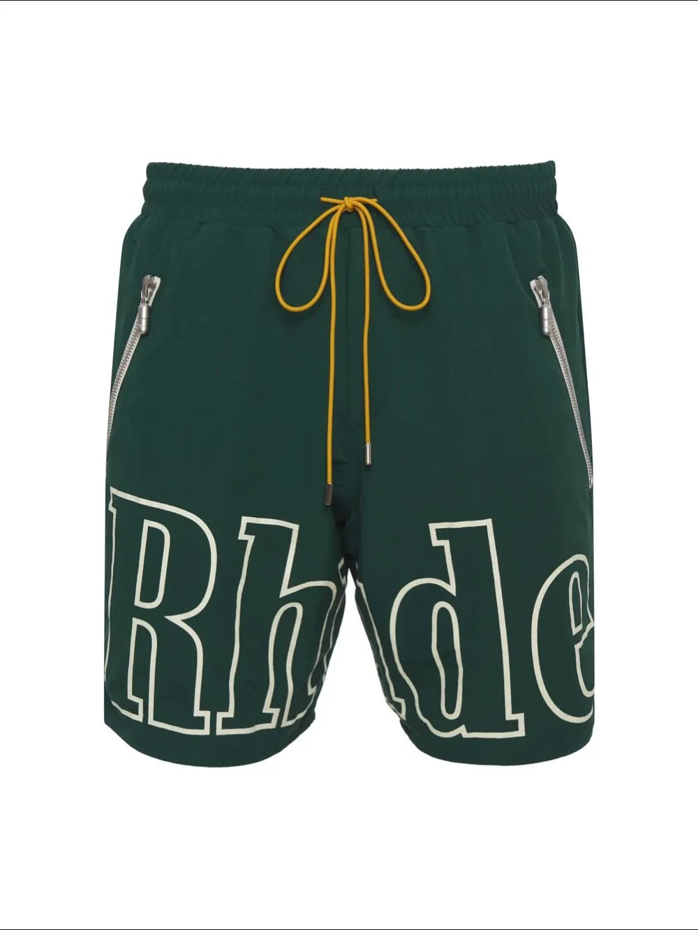 Dark green cargo shorts with white logo print, yellow drawstring, and zippered pockets.