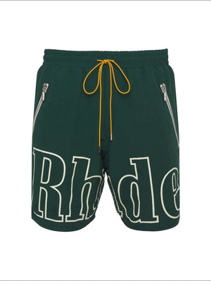 Dark green cargo shorts with white logo print, yellow drawstring, and zippered pockets.